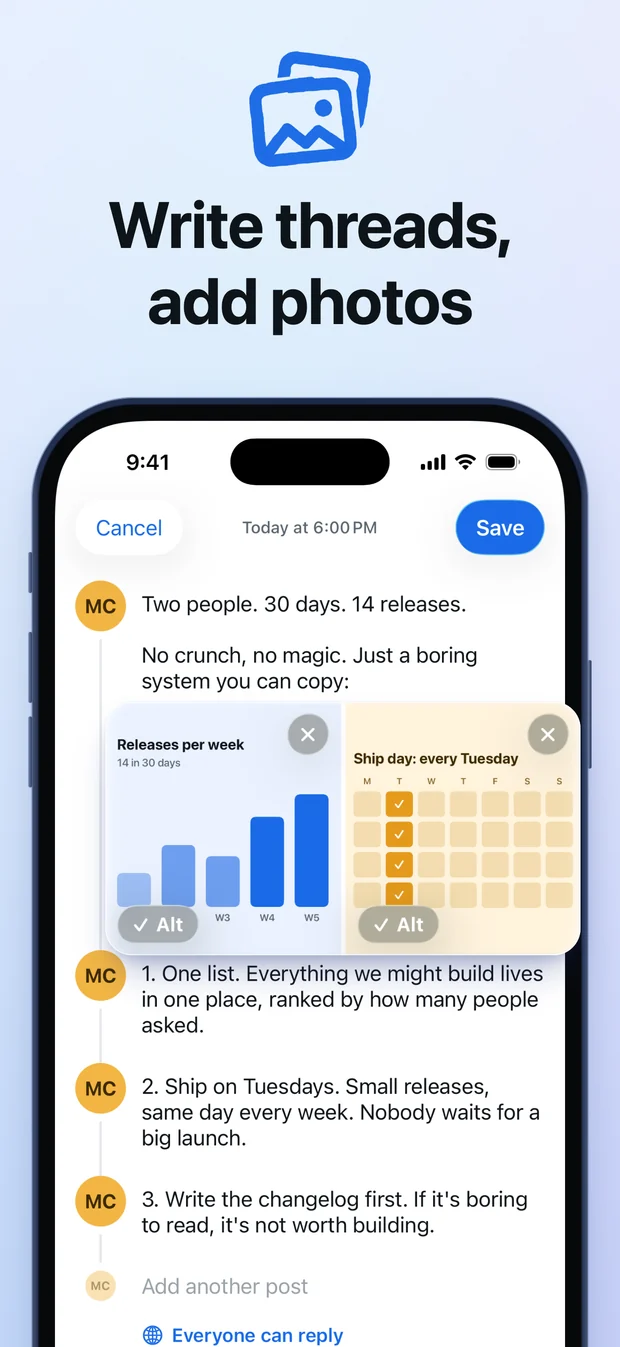 Write threads, add photos